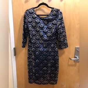 Sangria Blue and Silver Sequin Long Sleeve Mini Bodycon Dress